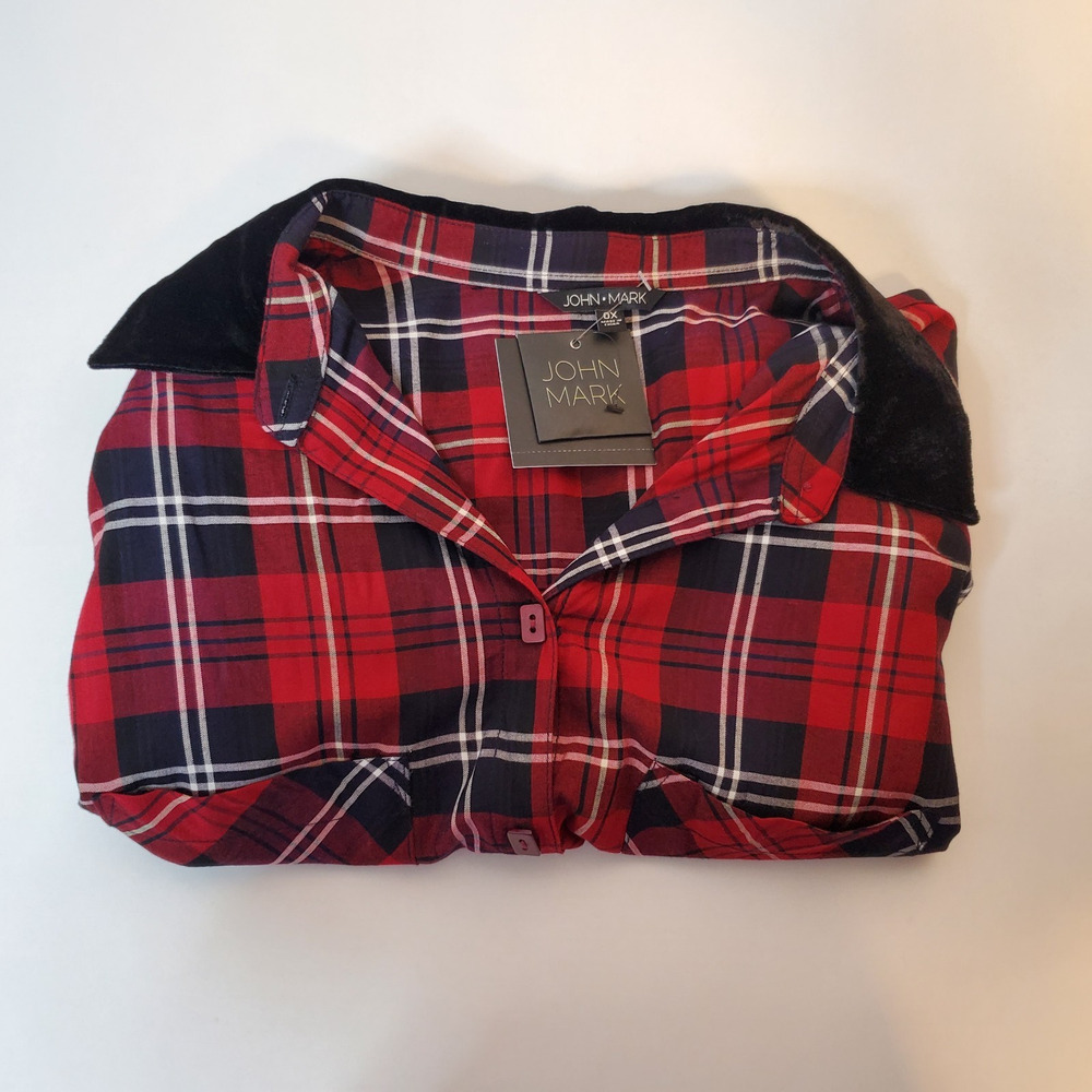John Mark Tunic Top Womens SZ OX Red Black Plaid Velvet Collar Cinched Sleeves - Picture 16 of 16